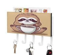 VstaDank Yoga Sloth Coffee Key Holder for Wall Mount with 5 Hooks Decorative Key and Mail Holder Farmhouse Wall Hooks with Shelf PU Leather Key Rack with Mail Holders for Entryway Home