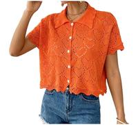 VSunUao Crochet Tops for Women UK Summer Trendy Lapel Short Sleeve Button Down Crop Shirts Breathable Comfort Cute Beach Vacation Clothes Wavy Edge Hem 2026