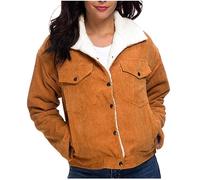 VSunUao Women Corduroy Sherpa Fleece Jacket Lapel Button Down Trucker Jacket Shacket Lined Short Jacket Warm Winter Padded Coat/Ladies Winter Clothes/UK Size Khaki