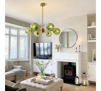 VTAMng 6-Lights Modern Kitchen Island Green glass lampshade Chandelier Brushed Brass Sputnik Chandeliers Creative interior decoration Bubble Ball Hanging Lamp Mid Century Flush Mount Pendant Lights