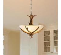VTAMng Antler Chandelier 3 Lights Rustic Retro Chandelier Faux Deer Pendant Light Resin Antler Ceiling Light Fixture Frosted Glass Bowl Shade Ceiling Hanging Lamp for Kitchen Bar Cafe Living Room(2pc)
