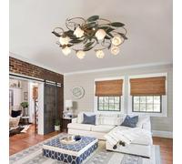VTAMng Ceiling lamp iron bronze retro flower vine shape chandelier E14 glass lampshade antique restaurant ceiling light classic tree branch rural creative lighting dining room living room bedroom(8 li