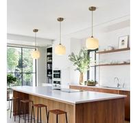 VTAMng Ceiling Lighting Milky White Glass Chandelier Kitchen Island Pendant Light Mid-Century Gold Hanging Lamp Modern Nordic Style Sphere Lights Fixture Ribbed Glass Ceiling Light for Living Room