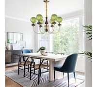 VTAMng Chandelier Globe Kitchen Island Pendant Light Fixtures Green Glass Chandelier Ceiling Lights Gold Vintage Art Decoration Mid Century Wood Hanging Lighting for Bedroom Living Room(6 lights)