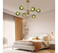 VTAMng Green Glass Pendant Light 6-Light Mid Century Modern Restaurant Sputnik Chandelier Hand Blown Glass Globe Shade Vintage Black Hanging Light Fixture for Kitchen Living Room Bedroom