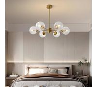 VTAMng Pendant Lighting Mid Century Modern 6 Light Chandelier Gold Sputnik Ceiling Light Fixture Vintage Green Ceiling Lamp Brushed Brass Chandelier Glass Globe Chandeliers for Bedroom Hallway