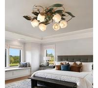 VTAMng Retro ceiling lamp antique bronze iron ceiling Light glass flower lampshade medieval Nordic style E14 interior decoration lighting suitable for dining room living room cloakroom(6 heads)