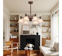 VTAMng Vintage glass chandelier 8 lights Bronze ceiling lamp flower shape lampshade antique metal Pendant Light suitable for farmhouse restaurant kitchen living room entrance hall bedroom Hanging Lamp