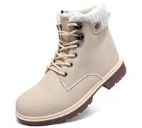 VTASQ Walking Boots Womens Winter Ankle Waterproof Fur Lined Leather Walking Lace Up Zipper Lightweight Outdoor Ladies Warm Shoes Non Slip Mid Calfs Beige 6UK