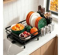 VTCFANA Dish Drying Rack Expandable Dish Drainer Rack,Stainless Steel Sink Dish Rack, 360° Rotating Extendable Spout,Anti-Rust Metal Dish Rack for Kitchen Counter, Black