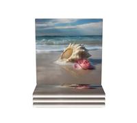 VTCTOASY Beach Conch Seascape Print Coasters for Drinks Set Of 4 Absorbent Ceramic Coasters with Cork Backing Cup Mat for Table Protection Dining Room Decor, Square