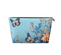 VTCTOASY Makeup Bag for Women Blue butterfly floral Travel Cosmetic Bag Large Capacity Portable Makeup Organizer Bags PU Leather Waterproof Toiletry Bag Cute Aesthetic Zipper Makeup Pouch, Silver, One