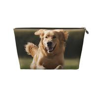 VTCTOASY Makeup Bag for Women Golden Retriever Running Travel Cosmetic Bag Large Capacity Portable Makeup Organizer Bags PU Leather Waterproof Toiletry Bag Cute Aesthetic Zipper Makeup Pouch, Gold,