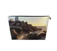 VTCTOASY Makeup Bag for Women Lighthouse Rocks Seaside Travel Cosmetic Bag Large Capacity Portable Makeup Organizer Bags PU Leather Waterproof Toiletry Bag Cute Aesthetic Zipper Makeup Pouch, Gold,
