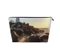 VTCTOASY Makeup Bag for Women Lighthouse Rocks Seaside Travel Cosmetic Bag Large Capacity Portable Makeup Organizer Bags PU Leather Waterproof Toiletry Bag Cute Aesthetic Zipper Makeup Pouch, Silver,