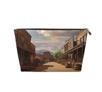 VTCTOASY Makeup Bag for Women Old Wild West Cowboy Town Travel Cosmetic Bag Large Capacity Portable Makeup Organizer Bags PU Leather Waterproof Toiletry Bag Cute Aesthetic Zipper Makeup Pouch, Gold,