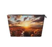 VTCTOASY Makeup Bag for Women Sunset over sunflower field Travel Cosmetic Bag Large Capacity Portable Makeup Organizer Bags PU Leather Waterproof Toiletry Bag Cute Aesthetic Zipper Makeup Pouch, Gold,