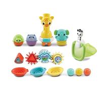 Vtech 6-in-1 Bath Set, English | Six bath toys include giraffe ring, elephant squirter, cups, boats, shape blocks, gears and storage net. From birth