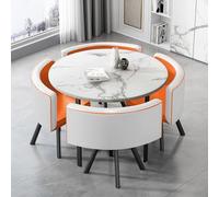 VTELGT 35.4″ Dining Table and Chairs Set 4, 5 Piece Modern Dining Table Set, Faux Marble Tabletop with 4 PU Leather Chairs, Kitchen Table, Meeting Table for Space Saving,White Round Orange Chair
