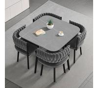 VTELGT Marble Dining Table and Chairs Set 4, 5 Piece Modern Dining Table Set, Rock Slab Tabletop with 4 Weave Velvet Chairs for Space Saving,Grey Square Grey