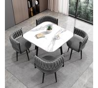 VTELGT Marble Dining Table and Chairs Set 4, 5 Pieces Round Modern Kitchen Table and Weave Velvet Chairs Set for for Space Saving, 90cm,Square White + Grey