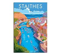 VTGCLT England North Yorkshire Staithes Vintage Travel Posters Seaside Village Canvas Painting Pictures Prints Wall Art for Bedroom Office Decor 08x12inch(20x30cm)