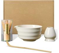 Vtizikl 4 PCS Matcha Set, Ceramics Matcha Bowl, Matcha Whisk Include Matcha Whisk and Bowl, Blender Bracket and Matcha Spoon for Traditional Tea Ceremony, Starter Matcha Gift Set (White)