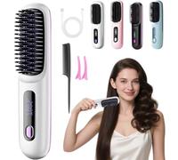 Vtizikl Glow Wave Heated Brush, 2025 Mini Hot Brush for Short Hair, Cordless Hair Straightener Brush with 3 Heat Settings, LED Screen, USB Charging for Hairs Styling, Travel, Home (White)