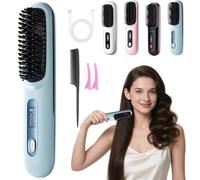 Vtizikl Glow Wave Heated Brush, 2025 Mini Hot Brush for Short Hair, Cordless Hair Straightener Brush with 3 Heat Settings, LED Screen, USB Charging for Hairs Styling, Travel, Home (Blue)