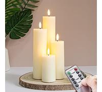 Vtobay Flickering Flameless Pillar LED Candles with Remote and Timer,Ivory Pack of 4 Battery Operated(Powered by 2AA) Real Wax Tall Fake 3D-Wick Electric Candles(D 5,5CM x H 10 15 20 25 CM)