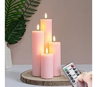 Vtobay Flickering Flameless Pillar LED Candles with Remote and Timer,Pink Pack of 4 Battery Operated(Powered by 2AA) Real Wax Tall Fake 3D-Wick Electric Candles(D 5,5CM x H 10,15,20,25 CM)