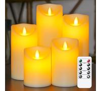 Vtobay Pack of 5 Flameless Battery Operated Moving Wick 7.5cm x10 12.5 15 17.5 20cm LED Candles with Remote Control, Flickering Timer Ivory Plastic Long Lasting Bulk Pillar Candles