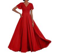 Vtorliya Chiffon Mother of The Bride Dress V Neck Short Sleeves Prom Dress A Line Long Pleated Formal Wdding Party Gown Red