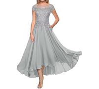 Vtorliya Lace Applique Mother of The Bride Dresses Chiffon A Line Tea Length Formal Evening Gown with Pockets Silver