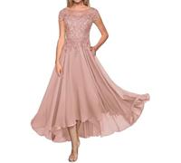 Vtorliya Lace Applique Mother of The Bride Dresses Chiffon A Line Tea Length Formal Evening Gown with Pockets Dusty Rose