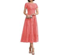 Vtorliya Lace Applique Mother of The Bride Dresses for Wedding Tea Length Tulle Formal Dress with Sleeves Coral