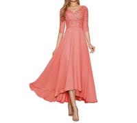 Vtorliya Lace Appliques Mother of The Bride Dresses 3/4 Sleeves A Line Chiffon Bridesmaid Dress Tea Length Formal Evening Gowns Coral
