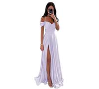 Vtorliya Off The Shoulder Satin Bridesmaid Dresses for Wedding Long Ruched Spaghetti Strap A Line Formal Evening Gowns with Slit Lavender