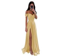 Vtorliya Off The Shoulder Satin Bridesmaid Dresses for Wedding Long Ruched Spaghetti Strap A Line Formal Evening Gowns with Slit Champagne