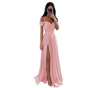 Vtorliya Off The Shoulder Satin Bridesmaid Dresses for Wedding Long Ruched Spaghetti Strap A Line Formal Evening Gowns with Slit Blush Pink