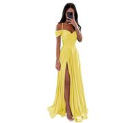 Vtorliya Off The Shoulder Satin Bridesmaid Dresses for Wedding Long Ruched Spaghetti Strap A Line Formal Evening Gowns with Slit Yellow