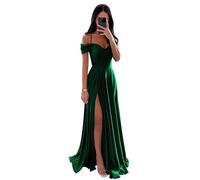 Vtorliya Off The Shoulder Satin Bridesmaid Dresses for Wedding Long Ruched Spaghetti Strap A Line Formal Evening Gowns with Slit Emerald Green