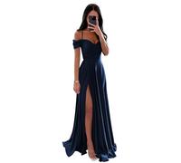 Vtorliya Off The Shoulder Satin Bridesmaid Dresses for Wedding Long Ruched Spaghetti Strap A Line Formal Evening Gowns with Slit Navy Blue