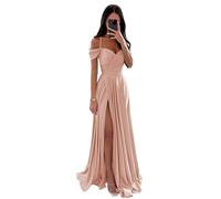 Vtorliya Off The Shoulder Satin Bridesmaid Dresses for Wedding Long Ruched Spaghetti Strap A Line Formal Evening Gowns with Slit Peach
