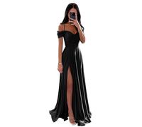 Vtorliya Off The Shoulder Satin Bridesmaid Dresses for Wedding Long Ruched Spaghetti Strap A Line Formal Evening Gowns with Slit Black