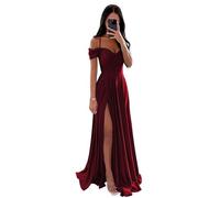Vtorliya Off The Shoulder Satin Bridesmaid Dresses for Wedding Long Ruched Spaghetti Strap A Line Formal Evening Gowns with Slit Burgundy