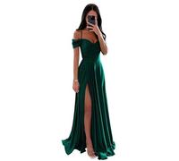 Vtorliya Off The Shoulder Satin Bridesmaid Dresses for Wedding Long Ruched Spaghetti Strap A Line Formal Evening Gowns with Slit Teal