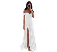 Vtorliya Off The Shoulder Satin Bridesmaid Dresses for Wedding Long Ruched Spaghetti Strap A Line Formal Evening Gowns with Slit White