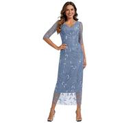 Vtorliya V Neck Mother of Bride Dresses 3/4 Sleeves Lace Sequined Appliques Formal Wedding Evening Cocktail Party Gowns Dusty Blue