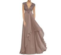 Vtorliya V-Neck Mother of The Bride Dresses for Wedding Chiffon Lace Appliques Prom Dress Long Ruffles Formal Evening Party Gowns Taupe